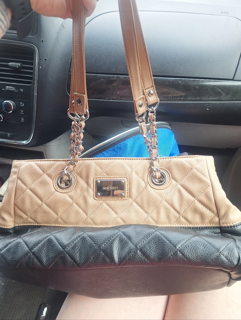 Nine West Quilted Two-Tone Shoulder Tote in Tan and Black